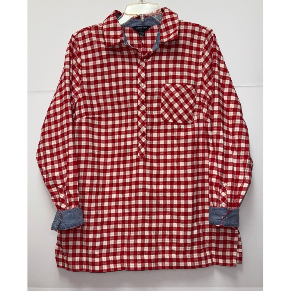 Lands' End Women's Red Check Flannel Shirt 12 Rustic Americana Workwear Barncore
